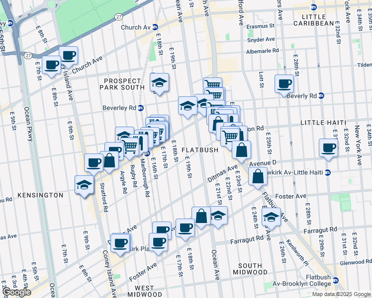 map of restaurants, bars, coffee shops, grocery stores, and more near 351 East 19th Street in Brooklyn