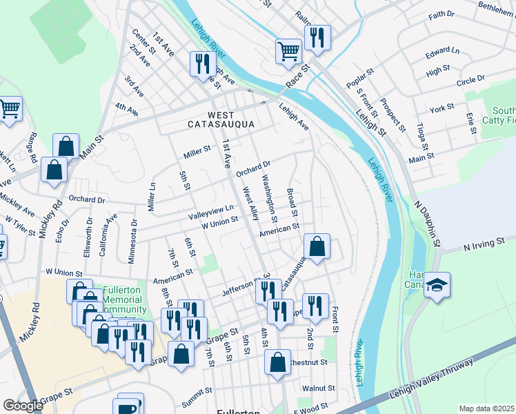 map of restaurants, bars, coffee shops, grocery stores, and more near 213 East Union Street in Fullerton