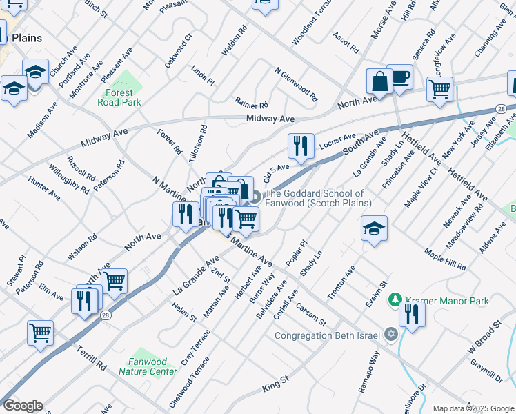 map of restaurants, bars, coffee shops, grocery stores, and more near 330 South Avenue in Fanwood