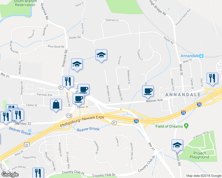 map of restaurants, bars, coffee shops, grocery stores, and more near 16 Belvidere Avenue in Clinton