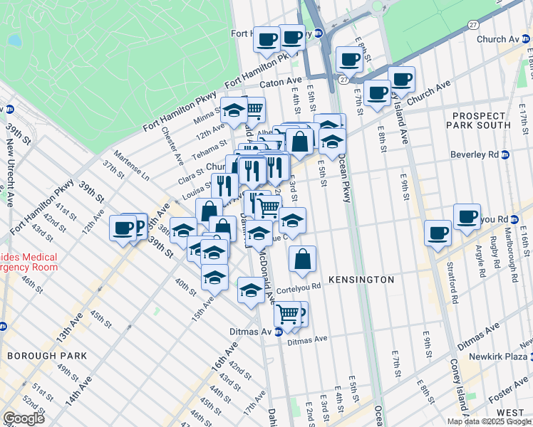 map of restaurants, bars, coffee shops, grocery stores, and more near 523 McDonald Avenue in Brooklyn