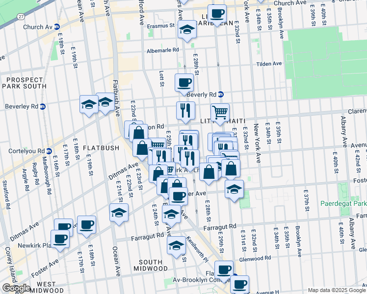 map of restaurants, bars, coffee shops, grocery stores, and more near 2623 Avenue D in Brooklyn