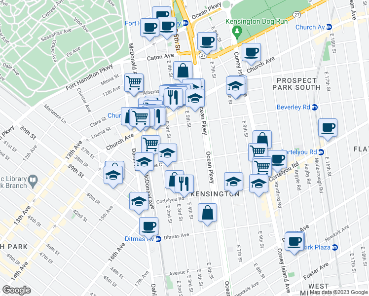 map of restaurants, bars, coffee shops, grocery stores, and more near 433 East 4th Street in Brooklyn