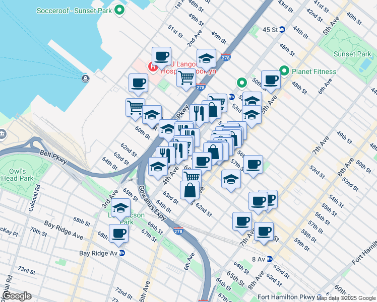 map of restaurants, bars, coffee shops, grocery stores, and more near 414 59th Street in Brooklyn
