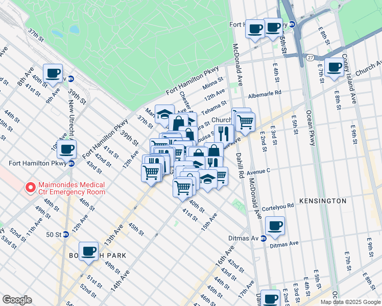 map of restaurants, bars, coffee shops, grocery stores, and more near 1323 38th Street in Brooklyn