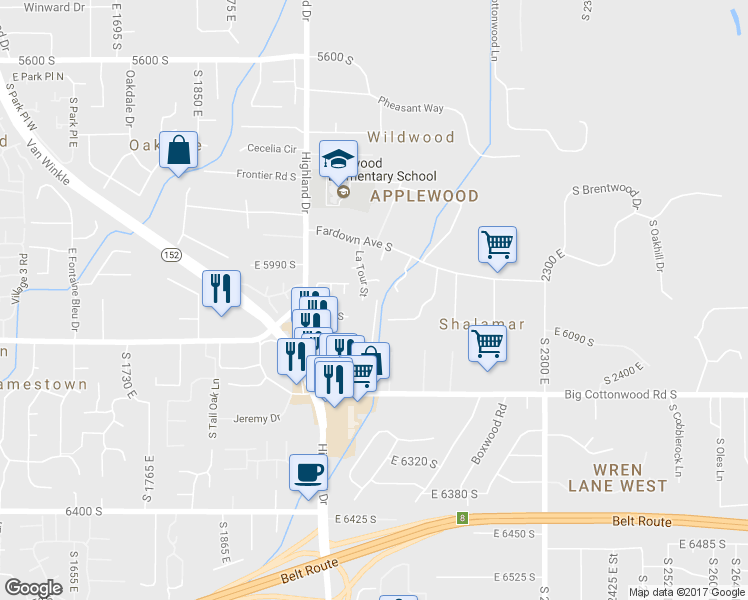map of restaurants, bars, coffee shops, grocery stores, and more near 6030 South 2075 East in Salt Lake City
