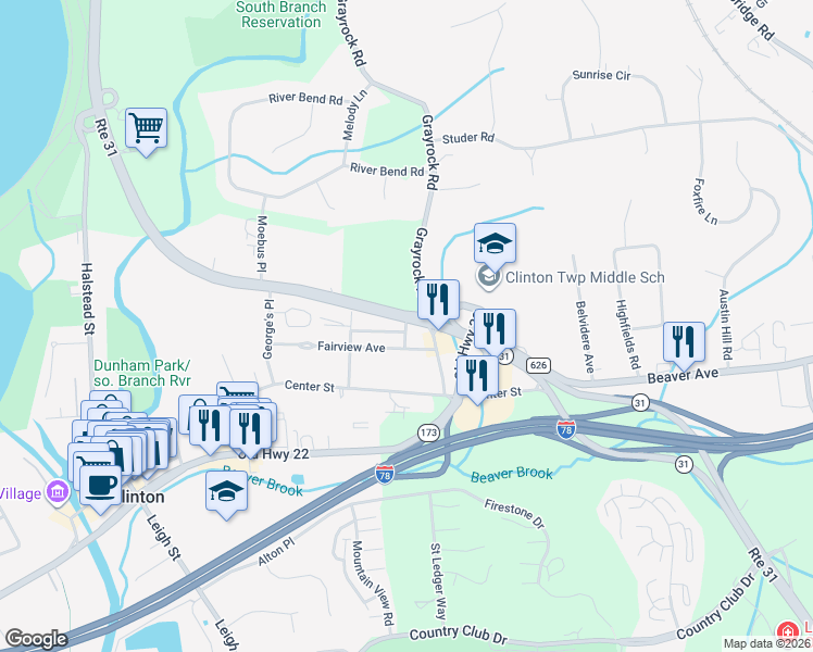map of restaurants, bars, coffee shops, grocery stores, and more near 37 Fairview Avenue in Clinton