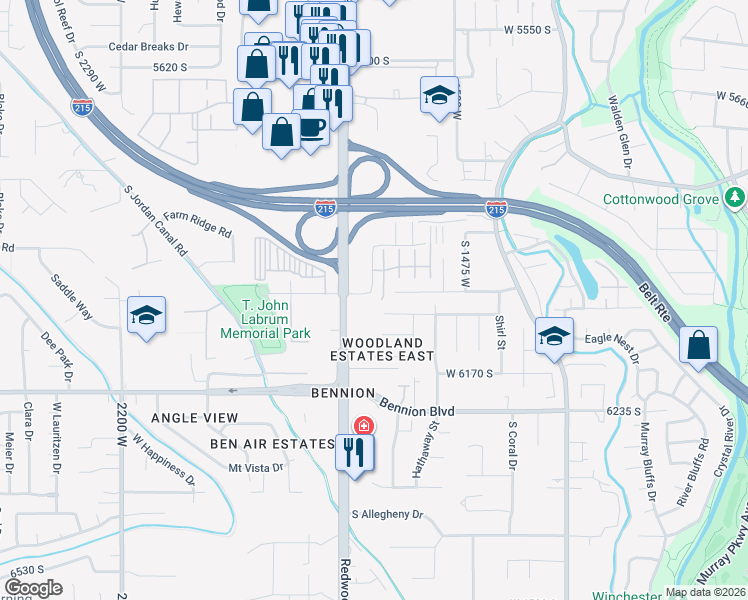 map of restaurants, bars, coffee shops, grocery stores, and more near 6034 South Family Tree Place in Taylorsville