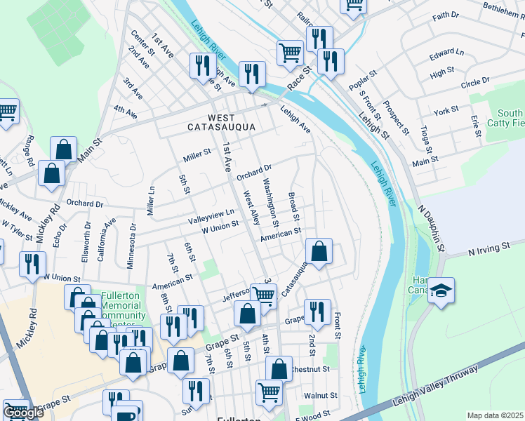 map of restaurants, bars, coffee shops, grocery stores, and more near 1125 3rd Street in Fullerton