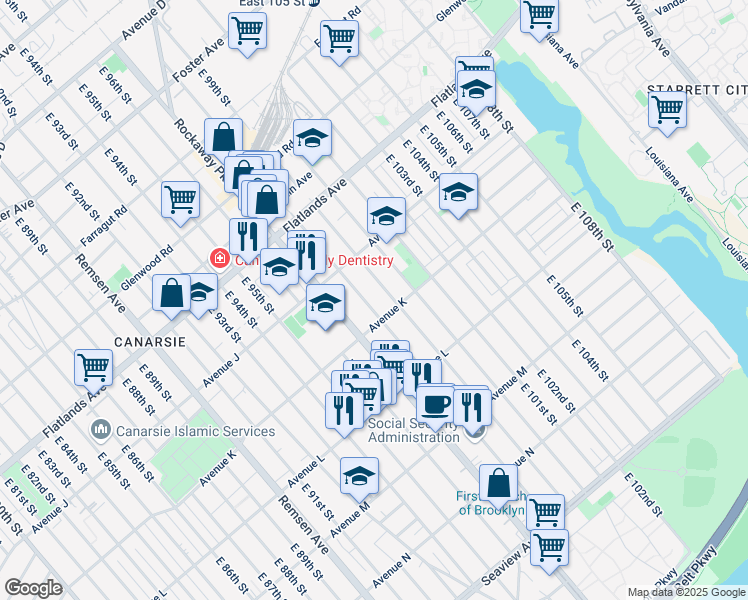 map of restaurants, bars, coffee shops, grocery stores, and more near 1263 East 98th Street in Brooklyn