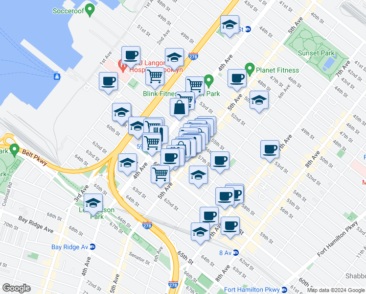 map of restaurants, bars, coffee shops, grocery stores, and more near 450 57th Street in Brooklyn