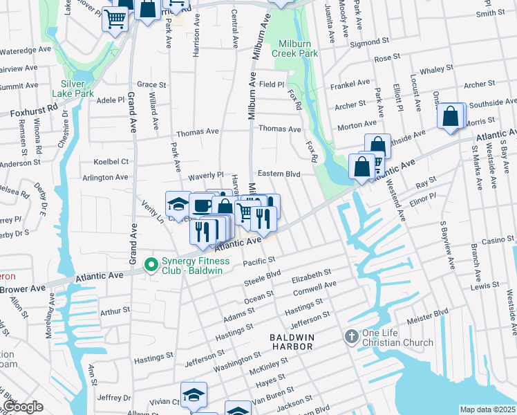 map of restaurants, bars, coffee shops, grocery stores, and more near 2875 Milburn Avenue in Baldwin