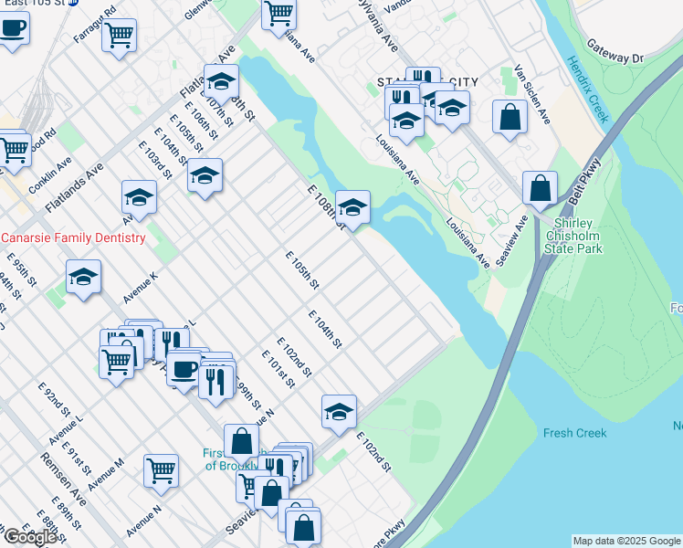 map of restaurants, bars, coffee shops, grocery stores, and more near 1303 East 105th Street in Brooklyn