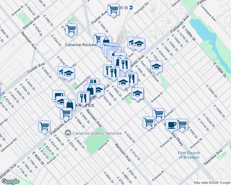 map of restaurants, bars, coffee shops, grocery stores, and more near 1214 East 94th Street in Brooklyn