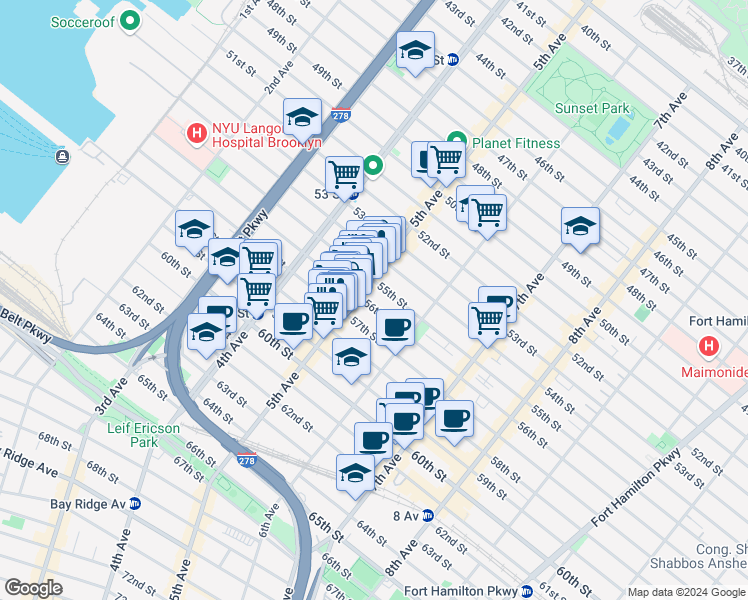 map of restaurants, bars, coffee shops, grocery stores, and more near 538 56th Street in Brooklyn
