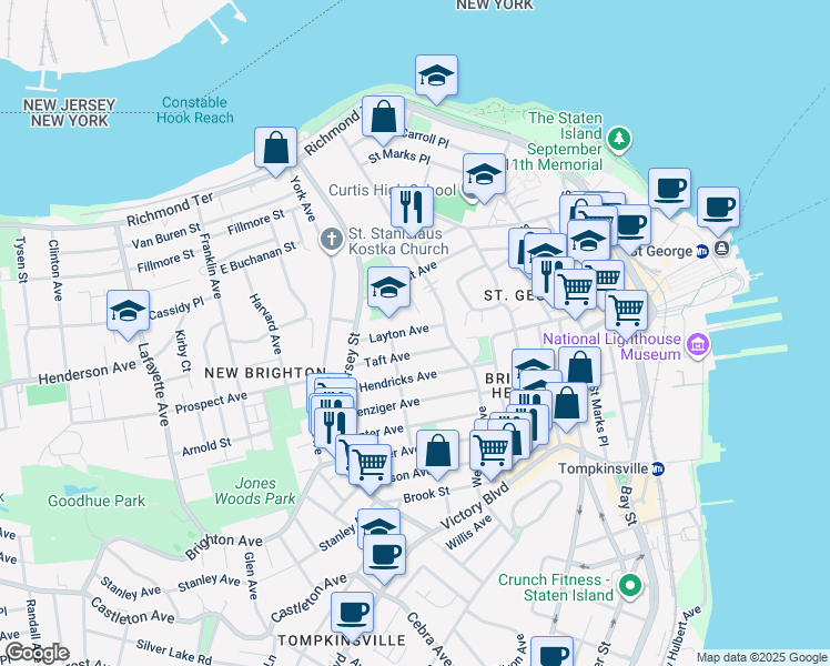 map of restaurants, bars, coffee shops, grocery stores, and more near 57 Taft Avenue in Staten Island