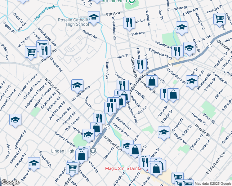 map of restaurants, bars, coffee shops, grocery stores, and more near 101 Burt Drive in Roselle