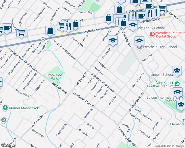 map of restaurants, bars, coffee shops, grocery stores, and more near 119 Marion Avenue in Westfield
