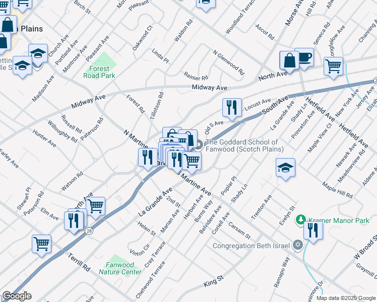 map of restaurants, bars, coffee shops, grocery stores, and more near 40 1st Street in Fanwood