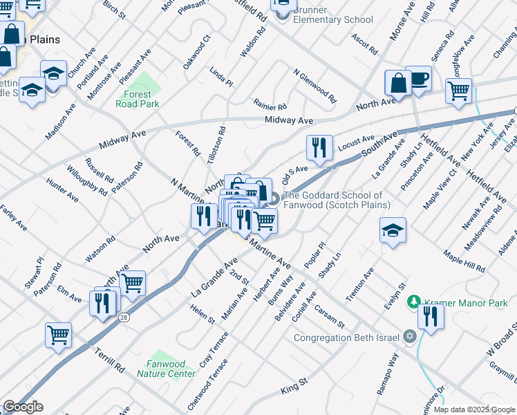 map of restaurants, bars, coffee shops, grocery stores, and more near 40 1st Street in Fanwood