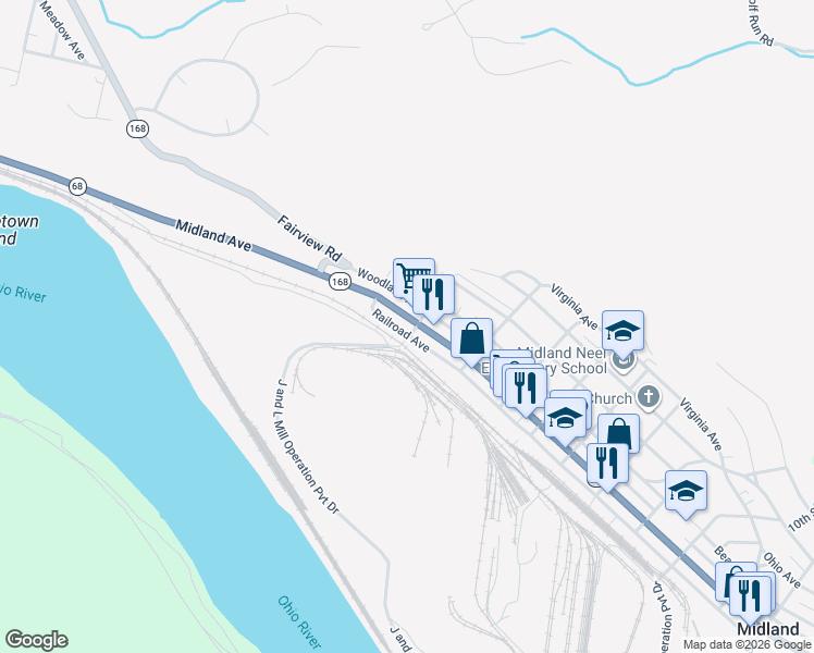 map of restaurants, bars, coffee shops, grocery stores, and more near 320 Midland Avenue in Midland
