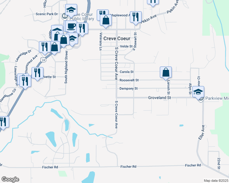 map of restaurants, bars, coffee shops, grocery stores, and more near 901 South Creve Coeur Avenue in Creve Coeur