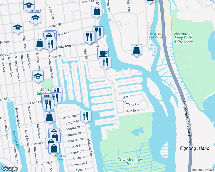 map of restaurants, bars, coffee shops, grocery stores, and more near 9 West 1st Street in Freeport