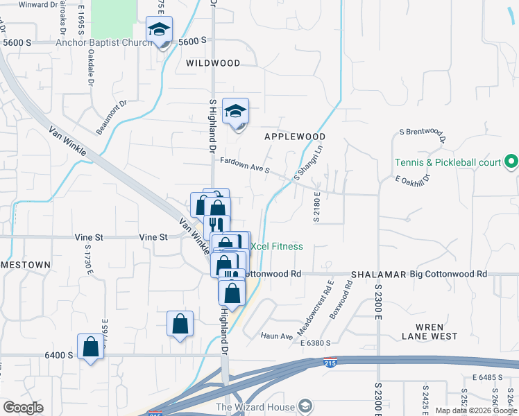 map of restaurants, bars, coffee shops, grocery stores, and more near 6030 South 2075 East in Salt Lake City
