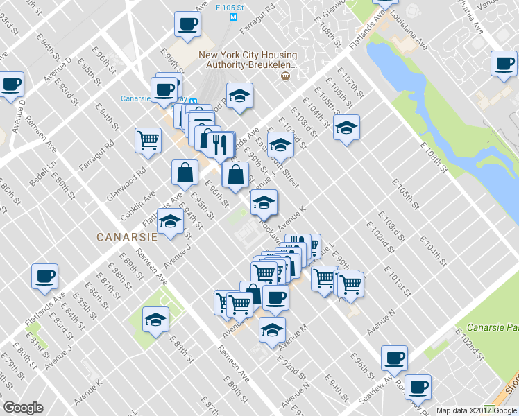 map of restaurants, bars, coffee shops, grocery stores, and more near 1651 Rockaway Parkway in Brooklyn