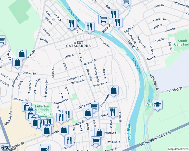 map of restaurants, bars, coffee shops, grocery stores, and more near 162 Union Street in Catasauqua