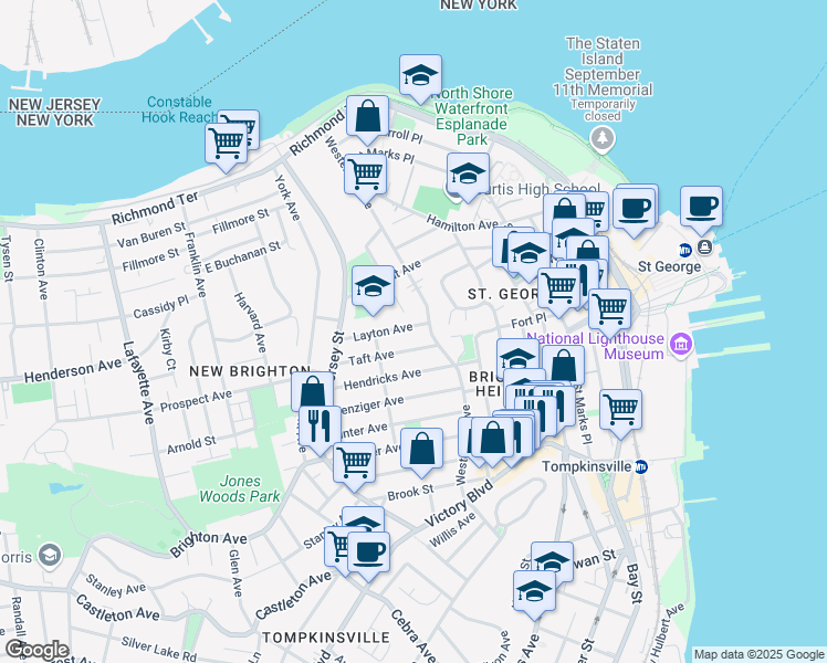 map of restaurants, bars, coffee shops, grocery stores, and more near 16 Taft Avenue in Staten Island