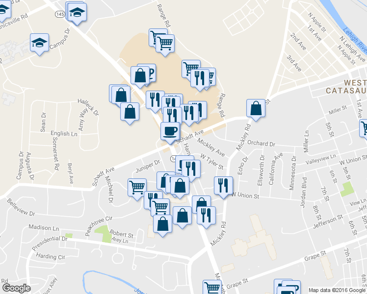 map of restaurants, bars, coffee shops, grocery stores, and more near 1294 Hampshire Drive in Whitehall