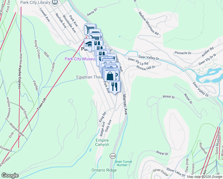 map of restaurants, bars, coffee shops, grocery stores, and more near 255 Main Street in Park City