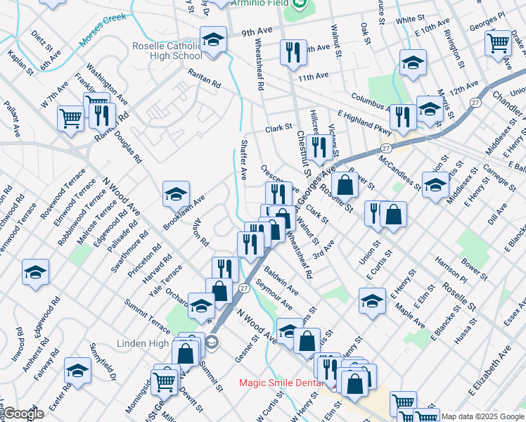 map of restaurants, bars, coffee shops, grocery stores, and more near 101 Burt Drive in Roselle