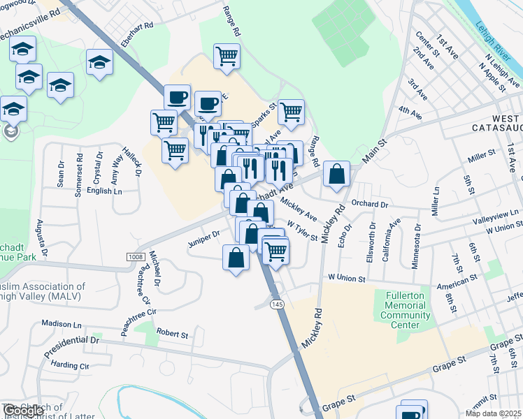 map of restaurants, bars, coffee shops, grocery stores, and more near 1294 Hampshire Drive in Whitehall