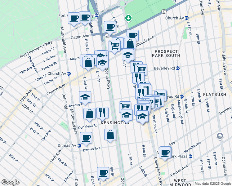 map of restaurants, bars, coffee shops, grocery stores, and more near 315 Ocean Parkway in Brooklyn