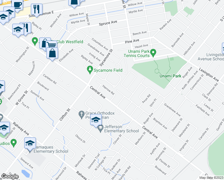 map of restaurants, bars, coffee shops, grocery stores, and more near 132 Harrow Road in Westfield