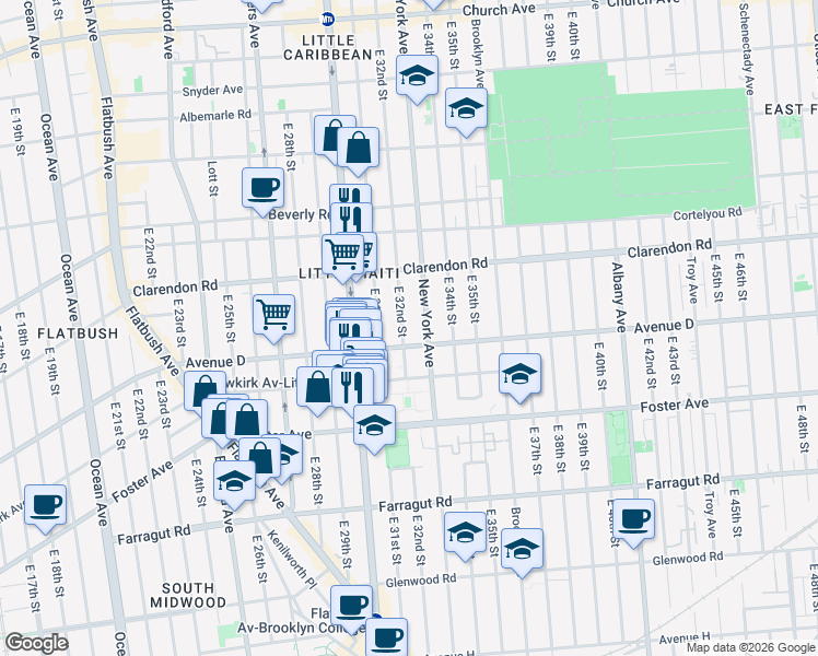 map of restaurants, bars, coffee shops, grocery stores, and more near 3113 Avenue D in Brooklyn