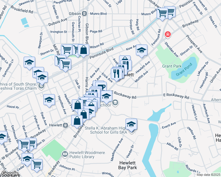 map of restaurants, bars, coffee shops, grocery stores, and more near Broadway in Hewlett