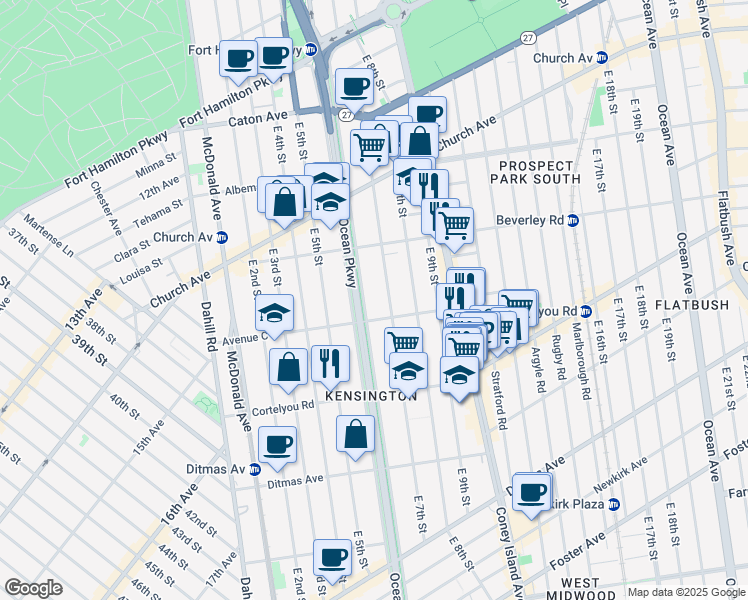 map of restaurants, bars, coffee shops, grocery stores, and more near 696 Avenue C in Brooklyn