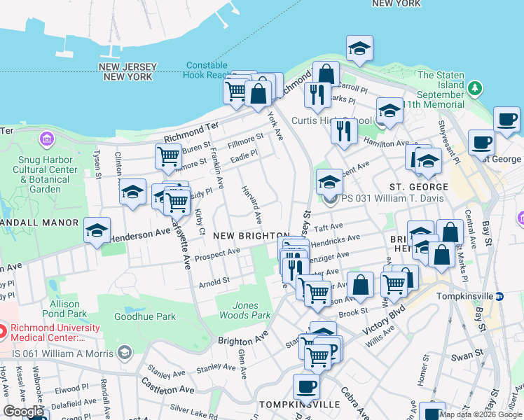 map of restaurants, bars, coffee shops, grocery stores, and more near 119 Harvard Avenue in Staten Island