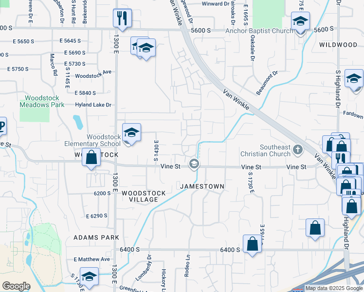 map of restaurants, bars, coffee shops, grocery stores, and more near 6036 Village 3 Road in Murray