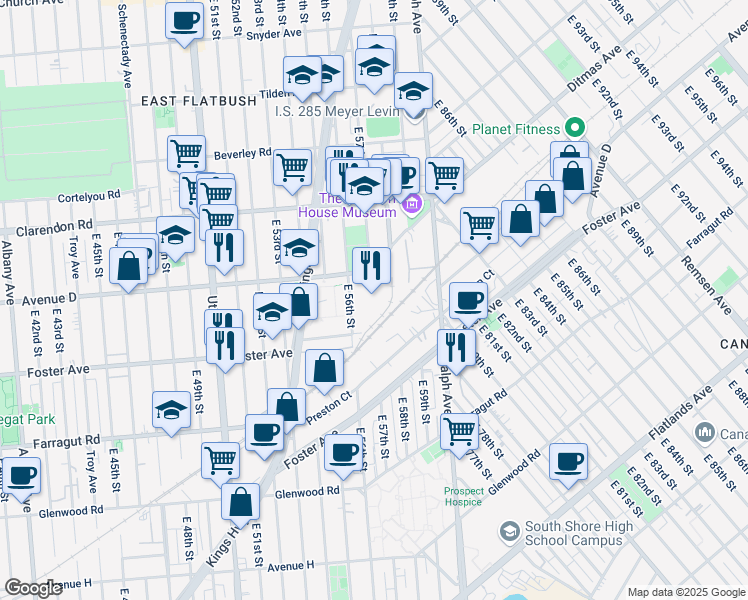 map of restaurants, bars, coffee shops, grocery stores, and more near 613 East 56th Street in Brooklyn