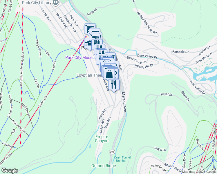 map of restaurants, bars, coffee shops, grocery stores, and more near 250 Park Avenue in Park City
