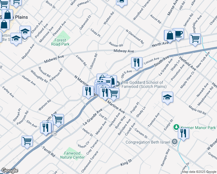 map of restaurants, bars, coffee shops, grocery stores, and more near 295 South Avenue in Fanwood