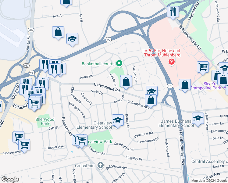 map of restaurants, bars, coffee shops, grocery stores, and more near 2033 Catasauqua Road in Bethlehem