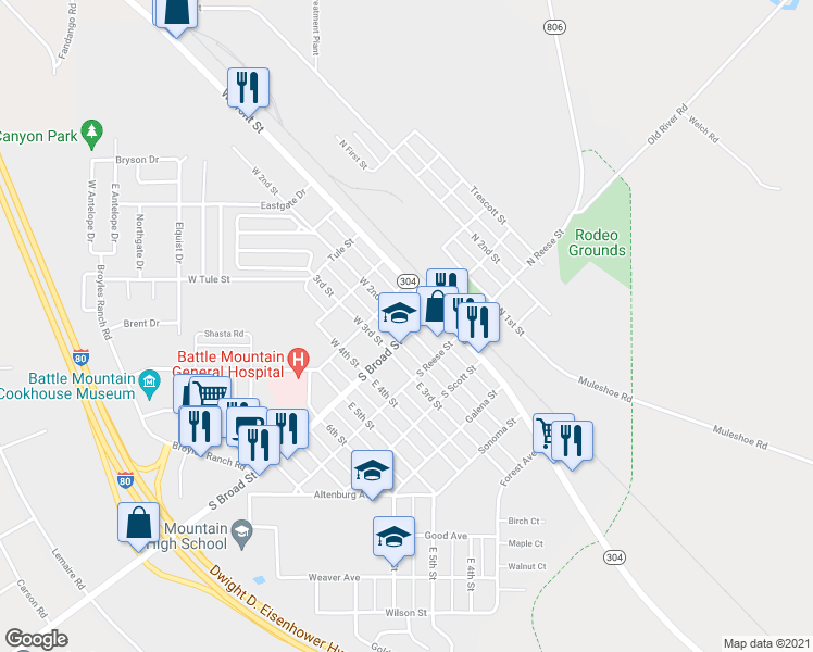 map of restaurants, bars, coffee shops, grocery stores, and more near 173 Broad Street in Battle Mountain
