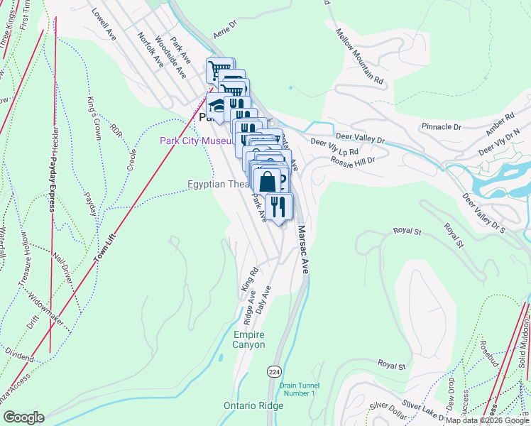 map of restaurants, bars, coffee shops, grocery stores, and more near 206 Park Avenue in Park City