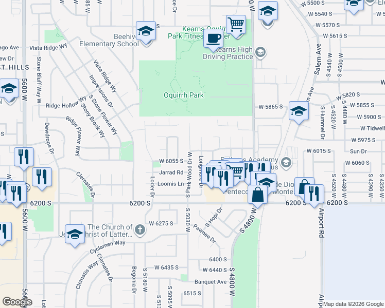map of restaurants, bars, coffee shops, grocery stores, and more near 6072 South Park Wood Drive West in Kearns