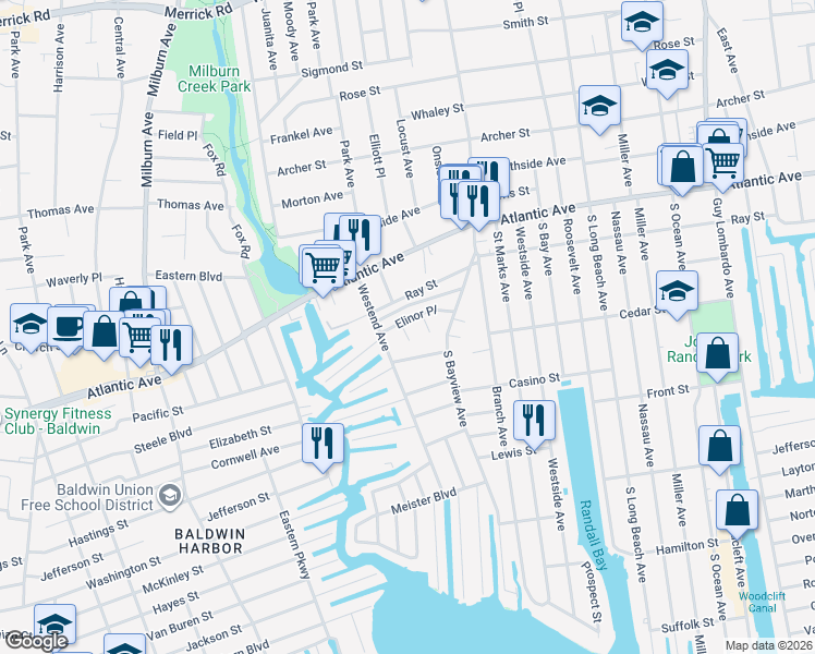 map of restaurants, bars, coffee shops, grocery stores, and more near 16 Johnson Place in Freeport